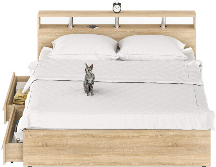 Камелия Кровать с ящиками 1800, цвет дуб сонома, ШхГхВ 183,5х217х78,2 см., сп.м. 1800х2000 мм., без матраса, основание есть