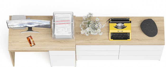 Мори компьютерный стол МС-1 правый + Комод МК1200.6, дуб сонома/белый