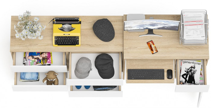 Мори компьютерный стол МС-1 правый + Комод МК1200.6, дуб сонома/белый