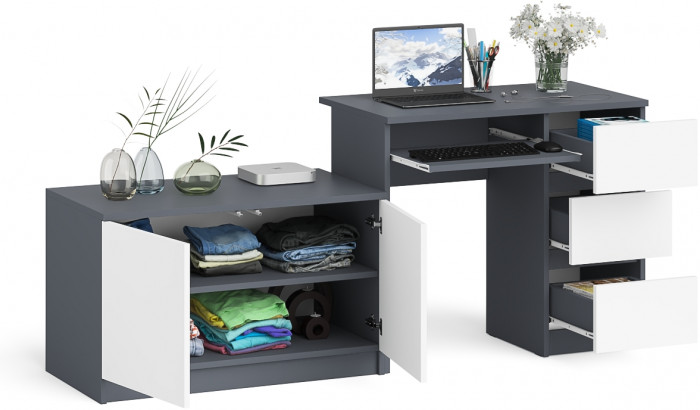 Мори Стол компьютерный МС-6 правый + Тумба МА900.1, цвет графит/белый, ШхГхВ 180,4х50,4х76,6 см., выдвижные ящики справа, НЕ универсальная сборка