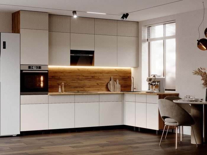 Кухня Оливия NEW 3,0х1,8/1080м Компоновка №2, Крафт золотой/Кашемир