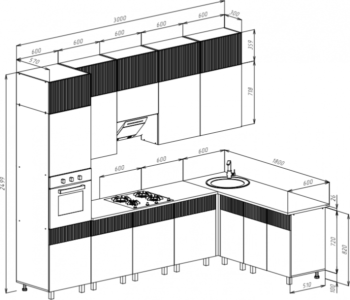 Кухня Оливия NEW 3,0х1,8/1080м Компоновка №2, Крафт золотой/Кашемир