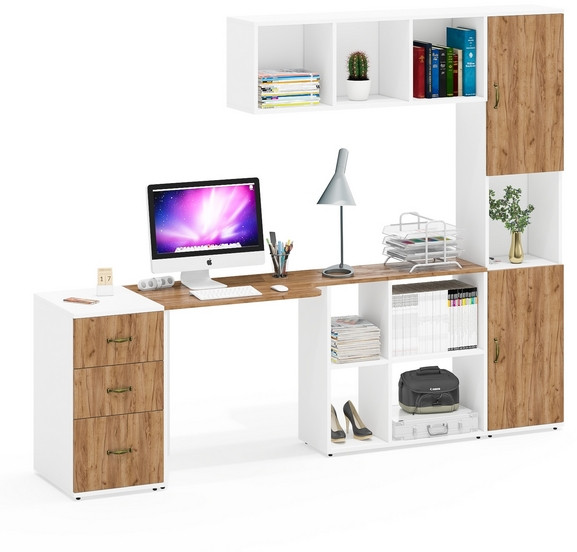 Лидер-8 Стол + Полка + Тумба МД 3.16 + Пенал, белый шагрень/крафт золото