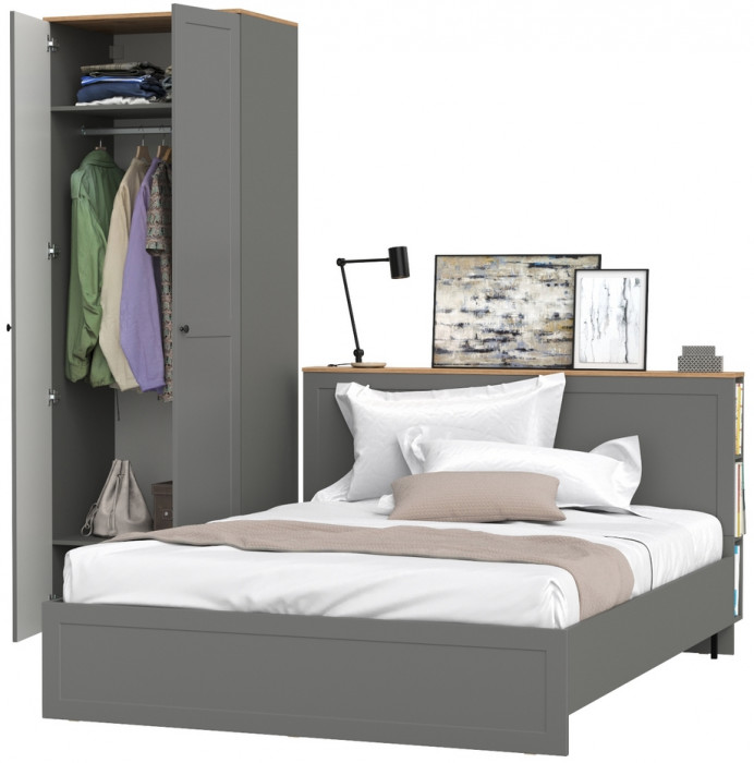 Остин 11.53 Кровать + ортопед + 13.224 Шкаф, серый графит/дуб крафт золотой