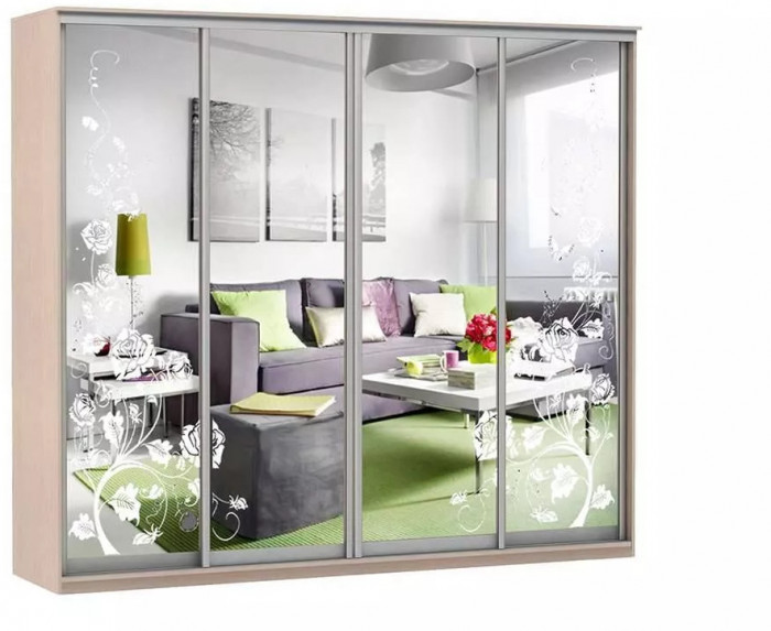 Шкаф купе Модерн 2362х600 4-х дверный 4-х секционный зеркальный с пескоструем №3 ясень