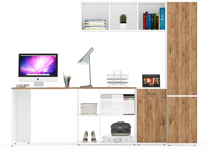 Лидер-8 Стол + Полка + Тумба МД 3.15 + Пенал МД 22Б, цвет белый шагрень/крафт золото, ШхГхВ 245х50/37,5х75/190 или 115х160/50х75/190 см., НЕ ун. сб.