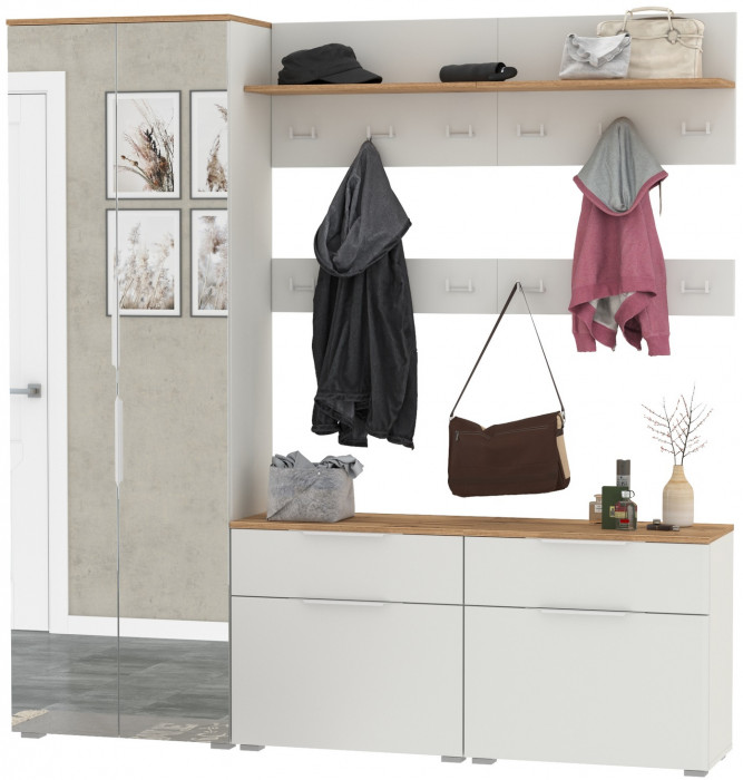 Октава Прихожая 32, цвет белый шагрень/дуб крафт золотой/фасады МДФ белый шагрень, ШхГхВ 194,2х35,4х197,6 см., универсальная сборка