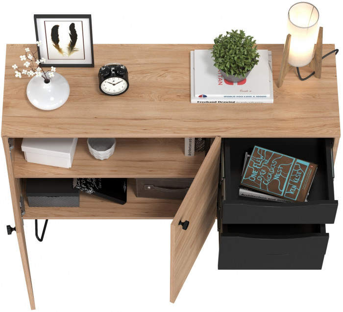 Брюс Комод-тумба 16.233, цвет чёрный/Battle rock Santiago, ШхГхВ 113,4х38,3х85,6 см., универсальная сборка, две дверки и четыре выдвижных ящика