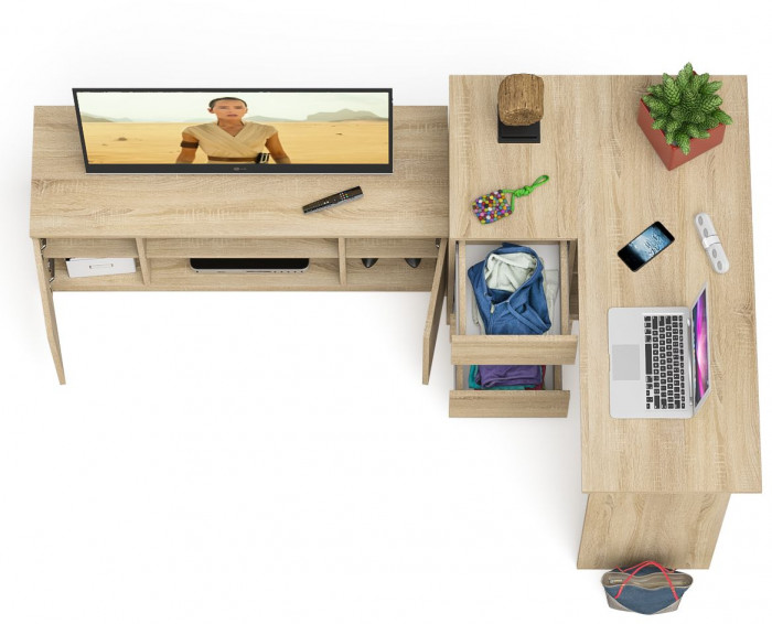 Мори Стол компьютерный МС-16 левый + Тумба МТВ1200.1, цвет дуб сонома, ШхГхВ 244,8х84,9х76,6 см., выдвижные ящики слева, НЕ универсальная сборка