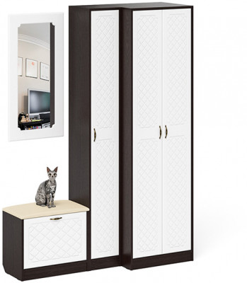 Прихожая П-6 Компоновка № 26, цвет венге/фасады МДФ белое дерево фрезеровка ромб, ШхГхВ 150х50х210 см., универсальная сборка