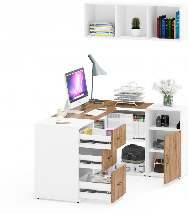 Лидер-8 Стол + Полка + Тумба МД 3.16 + Тумба МД 3.19, белый шагрень/крафт золото