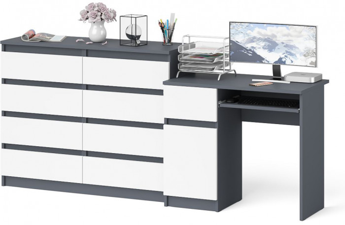 Мори компьютерный стол МС-1 левый + Комод МК1200.8, графит/белый