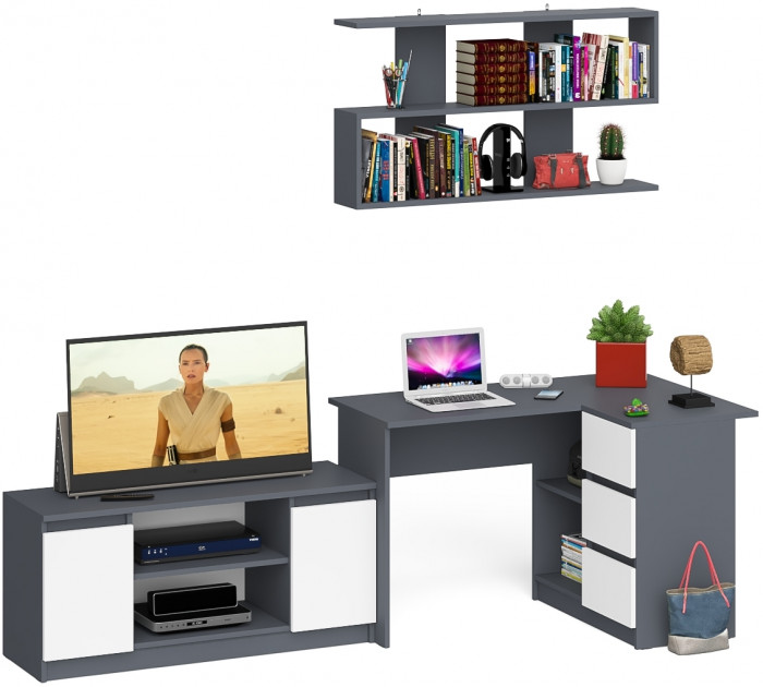 Мори компьютерный стол МС-16 правый + Тумба МТВ1200.1 + Полка 1200, графит/белый