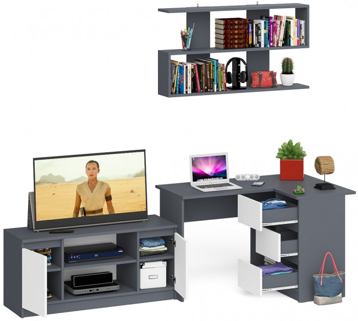 Мори компьютерный стол МС-16 правый + Тумба МТВ1200.1 + Полка 1200, графит/белый