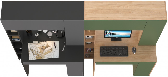 Два стола комп.Комфорт 12.71, антрацит/тёмно-серый/гикори рокфорд натуральный/дымчатый зелёный