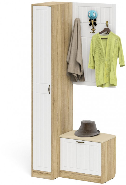 Прихожая П-6 Компоновка № 41, цвет дуб сонома/фасады МДФ белое дерево фрезеровка прованс, ШхГхВ 90х50х210 см., универсальная сборка