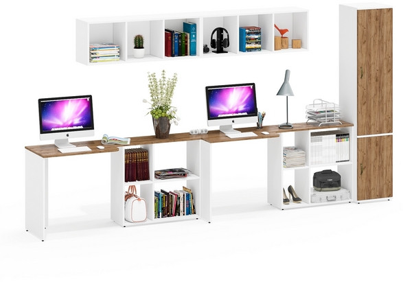 Лидер-8 Стол + Полка + Стол + Полка + Пенал МД 22Б, белый шагрень/крафт золото