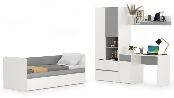 Торонто Компоновка № 25, цвет белый шагрень/стальной серый, сп. м. 800х1900 мм., б/м, основание есть, универсальная сборка