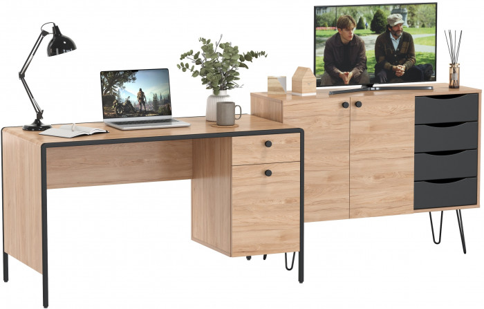 Брюс Стол письменный 12.157 + Комод 16.233, цвет чёрный/Battle rock Santiago/столешница МДФ ель карпатская, 243,4х62,6(38,3)х75(85,6) см., ун. сб.