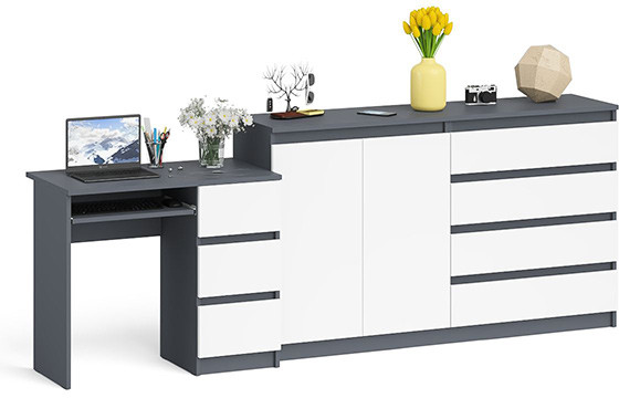 Мори компьютерный стол МС-6 правый + Комод МК1600.1, графит/белый