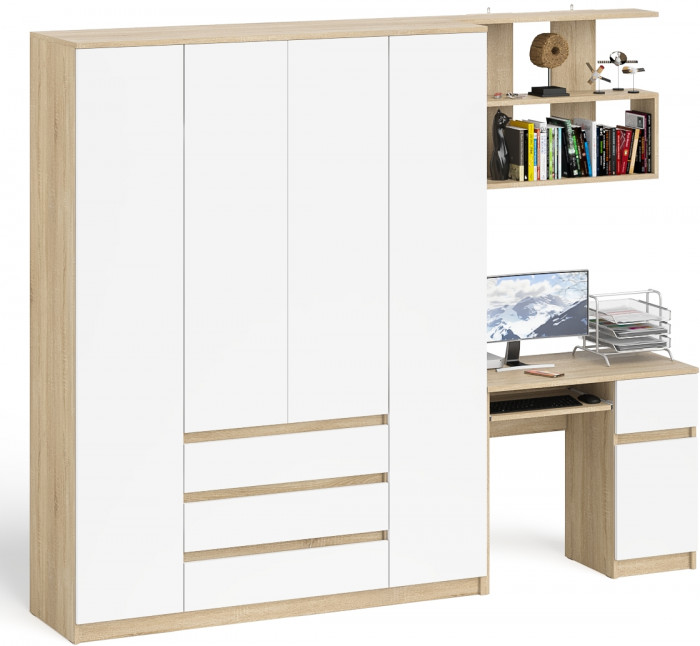 Мори Стол компьютерный МС-1 правый + Шкаф МШ1600.1 + Полка 900, цвет дуб сонома/белый, ШхГхВ 250,4х50,4х209,6 см., НЕ универсальная сборка