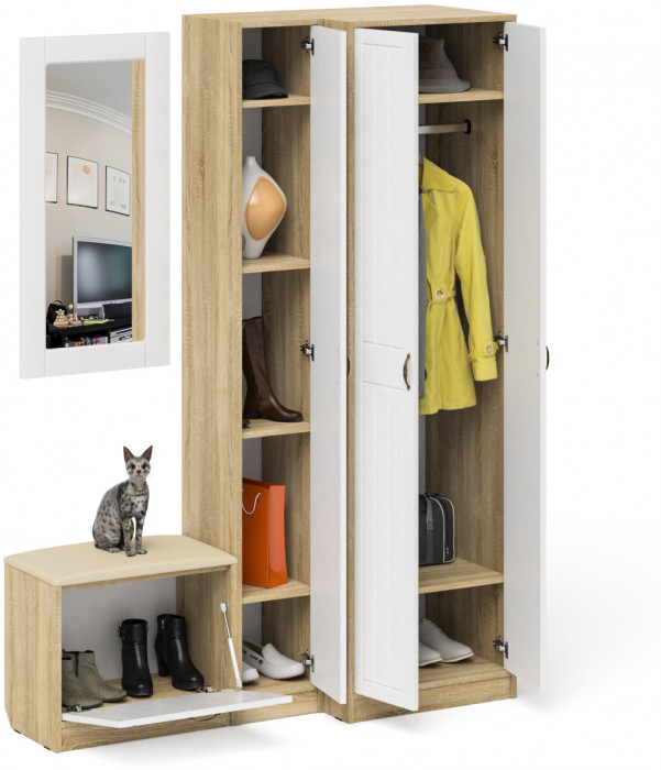 Прихожая П-6 Компоновка № 26, цвет дуб сонома/фасады МДФ белое дерево фрезеровка прованс, ШхГхВ 150х50х210 см., универсальная сборка