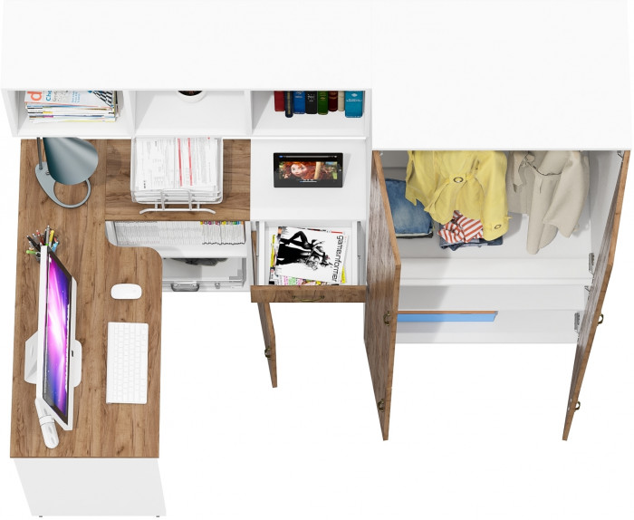 Лидер-8 Стол + Полка + Тумба МД 3.15 + Шкаф МД 19Б, цвет белый шагрень/крафт золото, ШхГхВ 285х50/37,5х75/190 или 115х200/50х75/190 см., НЕ ун. сб.