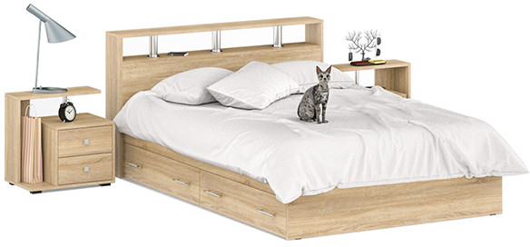 Камелия Кровать с ящиками 1400 + две тумбы, дуб сонома