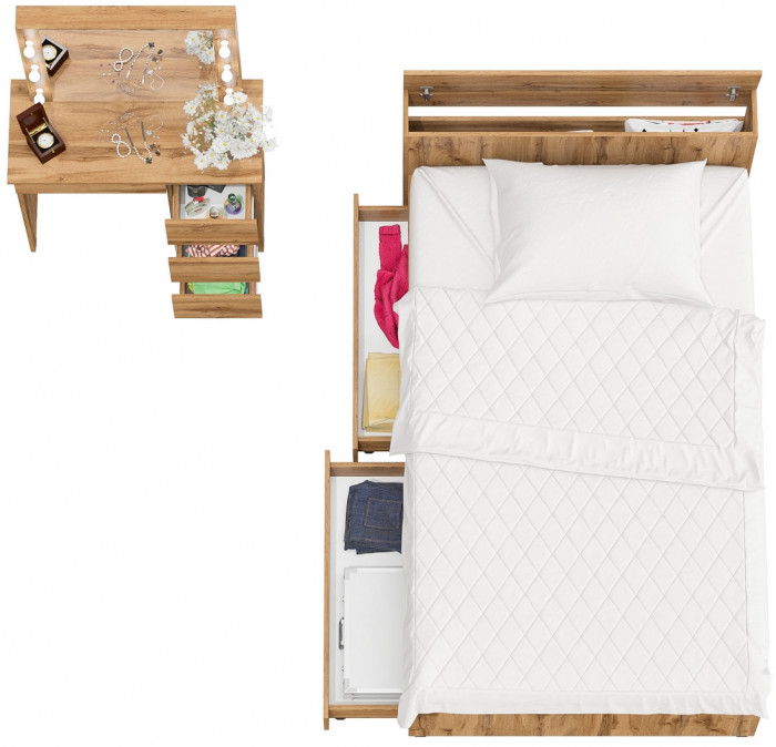 Ксения Кровать с ящиками 1200 + Стол косметический с подсветкой Сура, дуб вотан