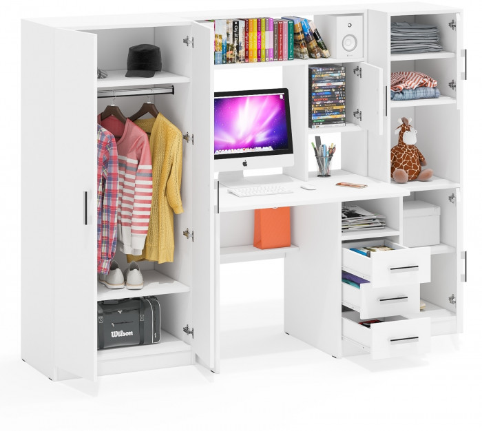 Стол компьютерный С-МД-СК9+Пенал С-МД-СК9П+Шкаф С-МД-СК9Ш, цвет белый шагрень, ШхГхВ 215х70х160 см., НЕ универсальная сборка