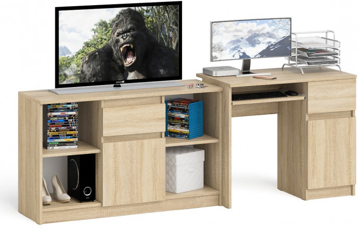Мори компьютерный стол МС-1 правый + Тумба МТВ1204.1, дуб сонома
