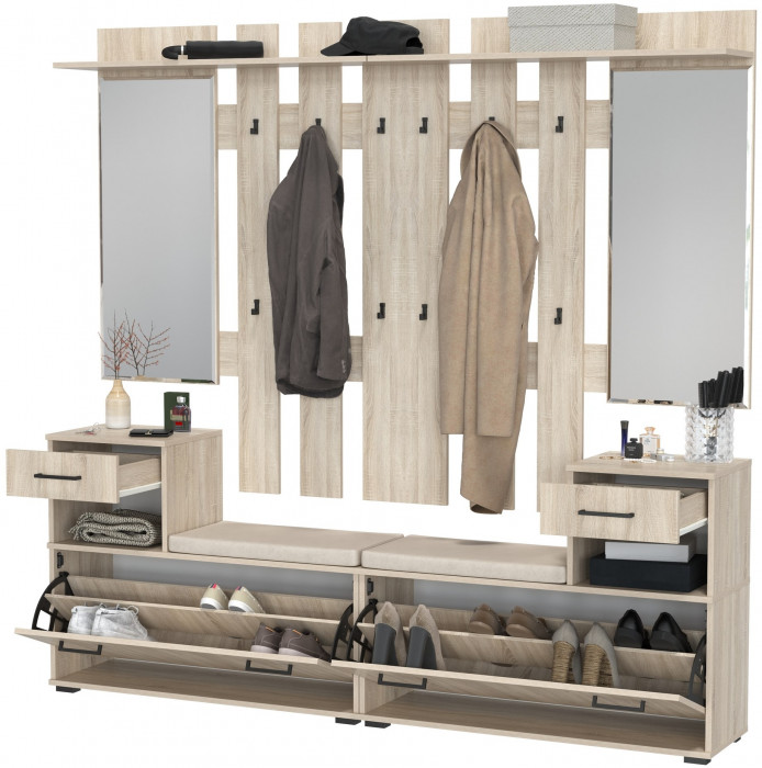 Лира ГК Прихожая 2 Два х Тумба под обувь + Два х Вешалка с зеркалом, цвет дуб сонома, ШхГхВ 200х33х185 см., универсальная сборка