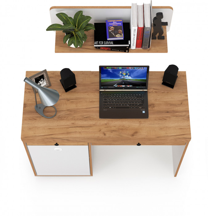 Вуди письменный стол 12.42 + Полка 15.46, белый премиум/дуб крафт золотой