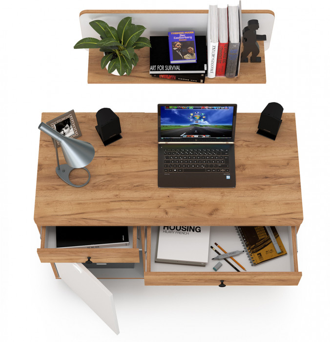 Вуди письменный стол 12.42 + Полка 15.46, белый премиум/дуб крафт золотой