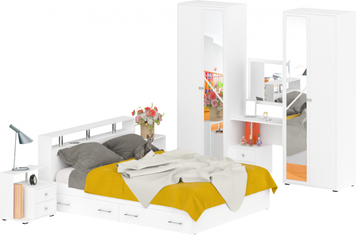 Камелия спальня № 9 Кровать с ящиками 1600 + Две тумбы + Стол косметич. + Зеркало + Шкаф 4-х, белый