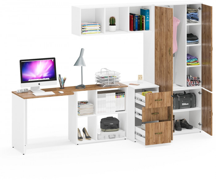 Лидер-8 Стол + Полка + Тумба МД 3.16 + Шкаф МД 20Б, белый шагрень/крафт золото