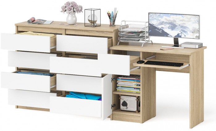 Мори компьютерный стол МС-1 левый + Комод МК1200.8, дуб сонома/белый
