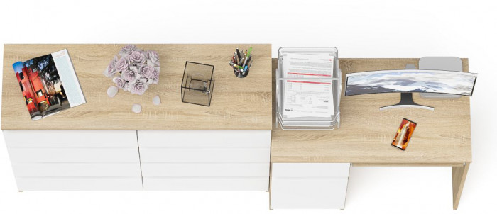 Мори компьютерный стол МС-1 левый + Комод МК1200.8, дуб сонома/белый