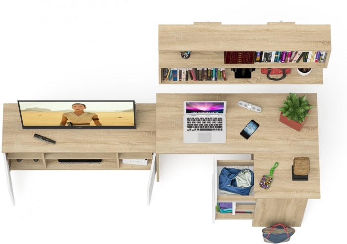 Мори компьютерный стол МС-16 правый + Тумба МТВ1200.1 + Полка 1200, дуб сонома/белый