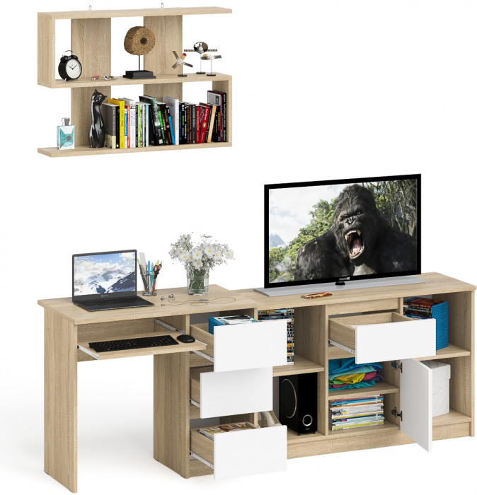 Мори компьютерный стол МС-6 правый + Тумба МТВ1204.1 + Полка 900, дуб сонома/белый