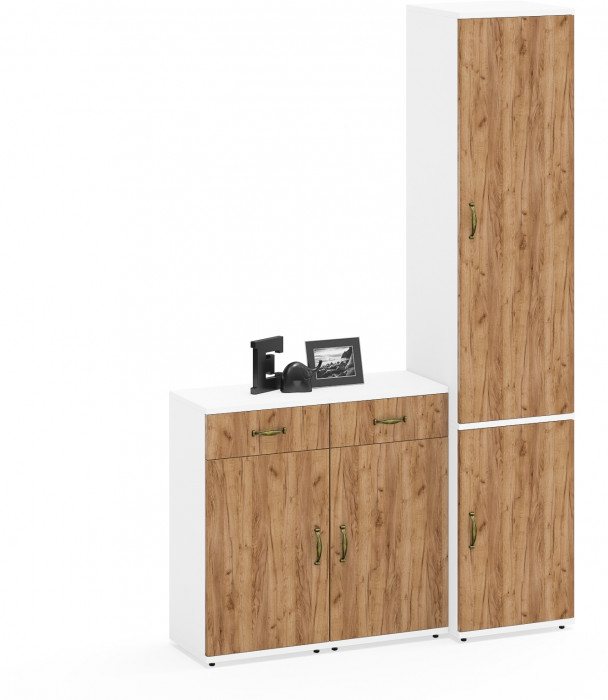 Лидер-8 Пенал МД 22Б + Тумба МД 3.15 + Тумба МД 3.15, цвет белый шагрень/крафт золото, ШхГхВ 120х37,5х190 см., универсальная сборка