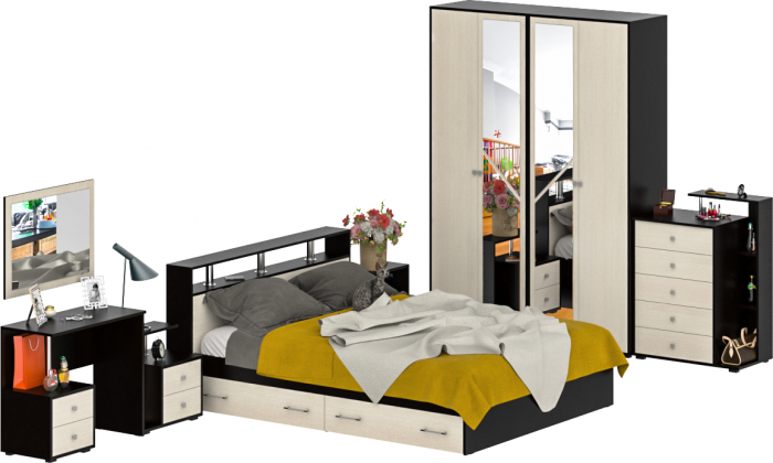 Камелия спальня № 10 Кровать с ящиками 1600 + Две тумбы + Стол косм. + Зеркало + Комод + Шкаф, цвет венге/дуб лоредо, 1600х2000 мм., б/м, осн. есть