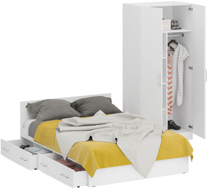 Кровать с ящиками 1400 + Шкаф 2-х створчатый Стандарт, белый