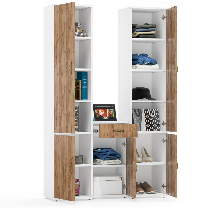 Лидер-8 Пенал МД 22Б + Пенал МД 22Б + Тумба МД 3.15, белый шагрень/крафт золото