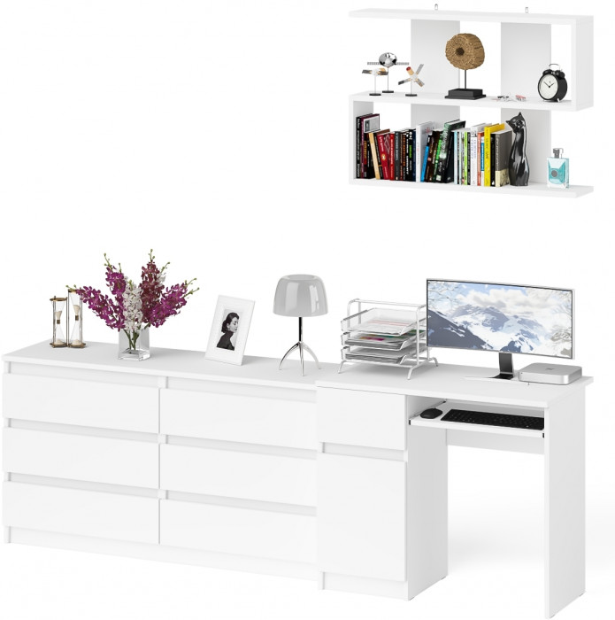 Мори компьютерный стол МС-1 левый + Комод МК1380.6 + Полка 900, белый