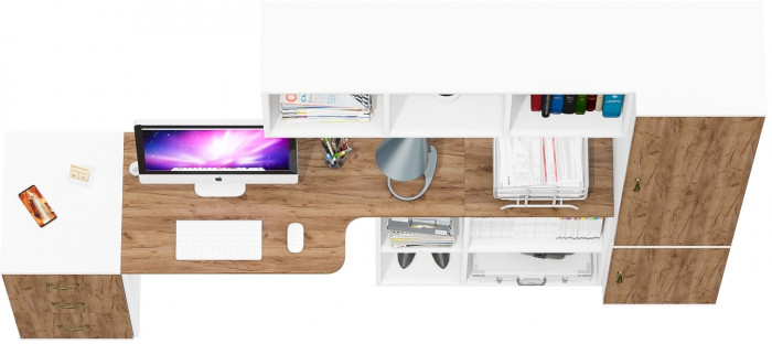 Лидер-8 Стол + Полка + Тумба МД 3.16 + Пенал МД 21Б, цвет белый шагрень/крафт золото, ШхГхВ 245х50/37,5х75/190 или 155х120/50х75/190 см., НЕ ун. сб.