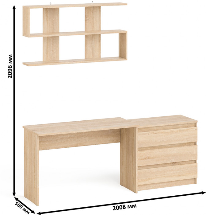 Мори Стол письменный МСП1200.1 + Комод МК800.1 + Полка 1200, цвет дуб сонома, ШхГхВ 200,8х50х209,6 см., универсальная сборка