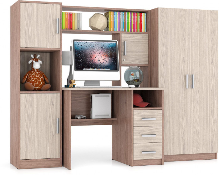 Стол компьютерный С-МД-СК9+Пенал С-МД-СК9П+Шкаф С-МД-СК9Ш, цвет ясень шимо светлый/ясень шимо тёмный, ШхГхВ 215х70х160 см., НЕ универсальная сборка