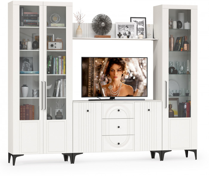 Валенсия Гостиная № 098, цвет ЛДСП белый шагрень/МДФ белый шагрень, ШхГхВ 272,3х38,4х225,2 см., ниша для ТВ 133х38х100 см., универсальная сборка