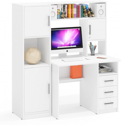 Стол компьютерный С-МД-СК9+Пенал С-МД-СК9П, цвет белый шагрень, ШхГхВ 145х70х160 см., НЕ универсальная сборка